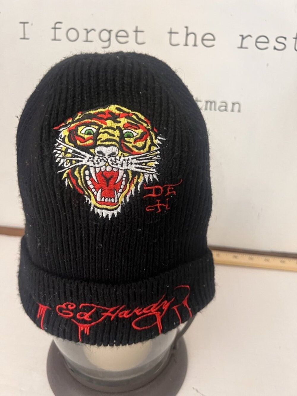 Ed Hardy Hat Beanie Fitted Mens One Size Black Tiger Embroidered Knit Cuffed